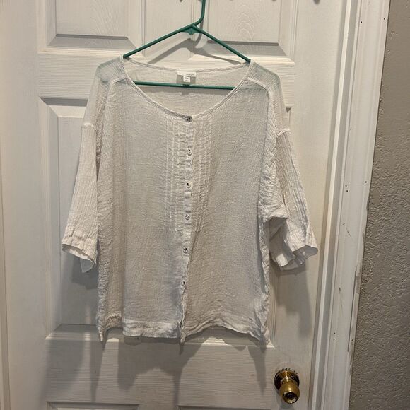 Pure J.Jill 100% Linen White Gauze Pintucked Blouse Petite L Buttoned 3/4 Sleeve - Picture 1 of 7